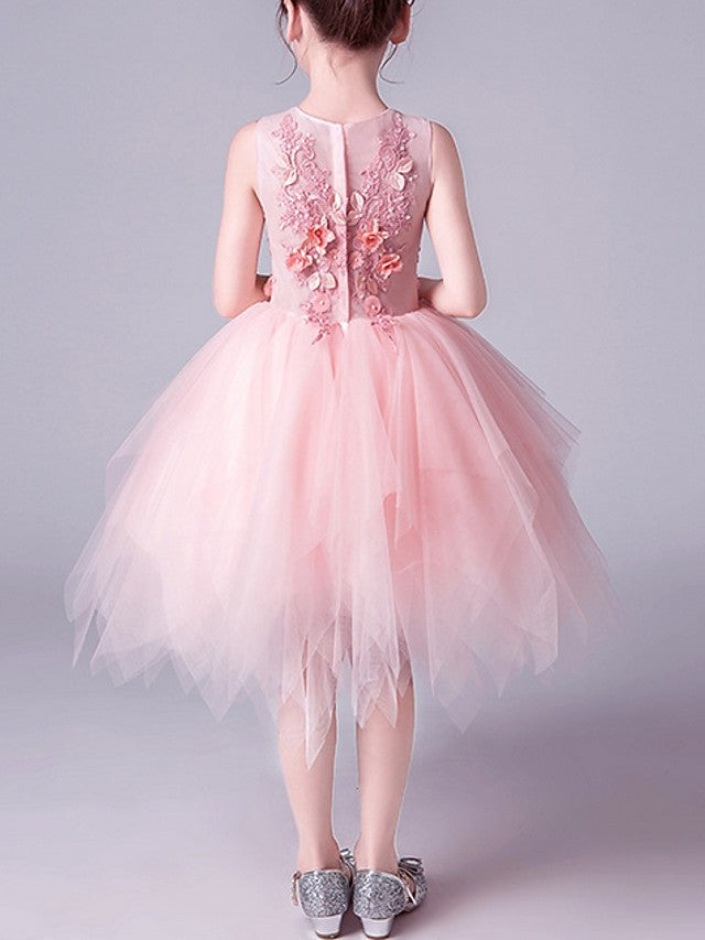 Vestidos cortos de niña de las flores de corte A, color rosa, de tul con cuello joya y corte en A para concursos de belleza.