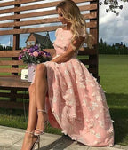 Vestidos de fiesta cortos rosas con flores, estilo joya, corte en A y largo hasta la rodilla