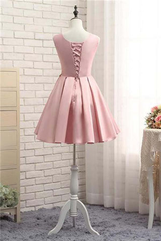 Vestido corto rosa de fiesta de graduación, vestido de satén para baile de bienvenida con apliques dorados PD116