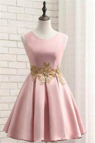 Vestido corto rosa de fiesta de graduación, vestido de satén para baile de bienvenida con apliques dorados PD116