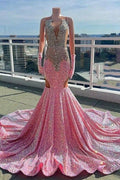 Pink Sleeveless Scoop Mermaid Prom Dresses With Sequins and Beadings