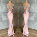 Pink Spaghetti-Straps Mermaid Prom Dresses Sleeveless With Appliques