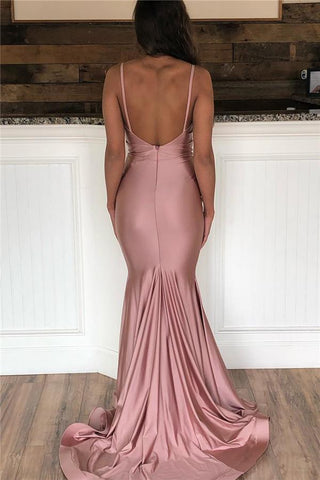 Pink Spaghetti-Straps V-Neck Backless Mermaid Prom Dresses
