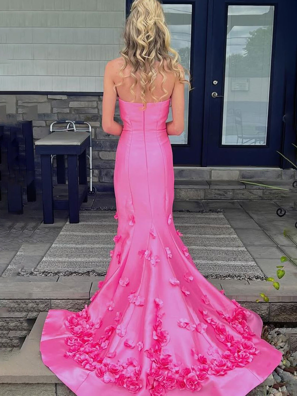 Skyden | Robe de bal longue sirène rose bustier sans manches à appliques 