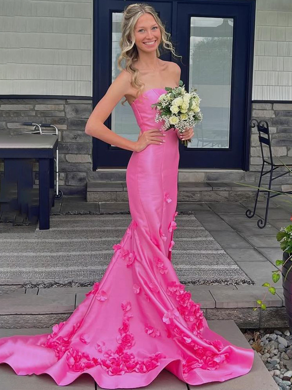 Skyden | Robe de bal longue sirène rose bustier sans manches à appliques 