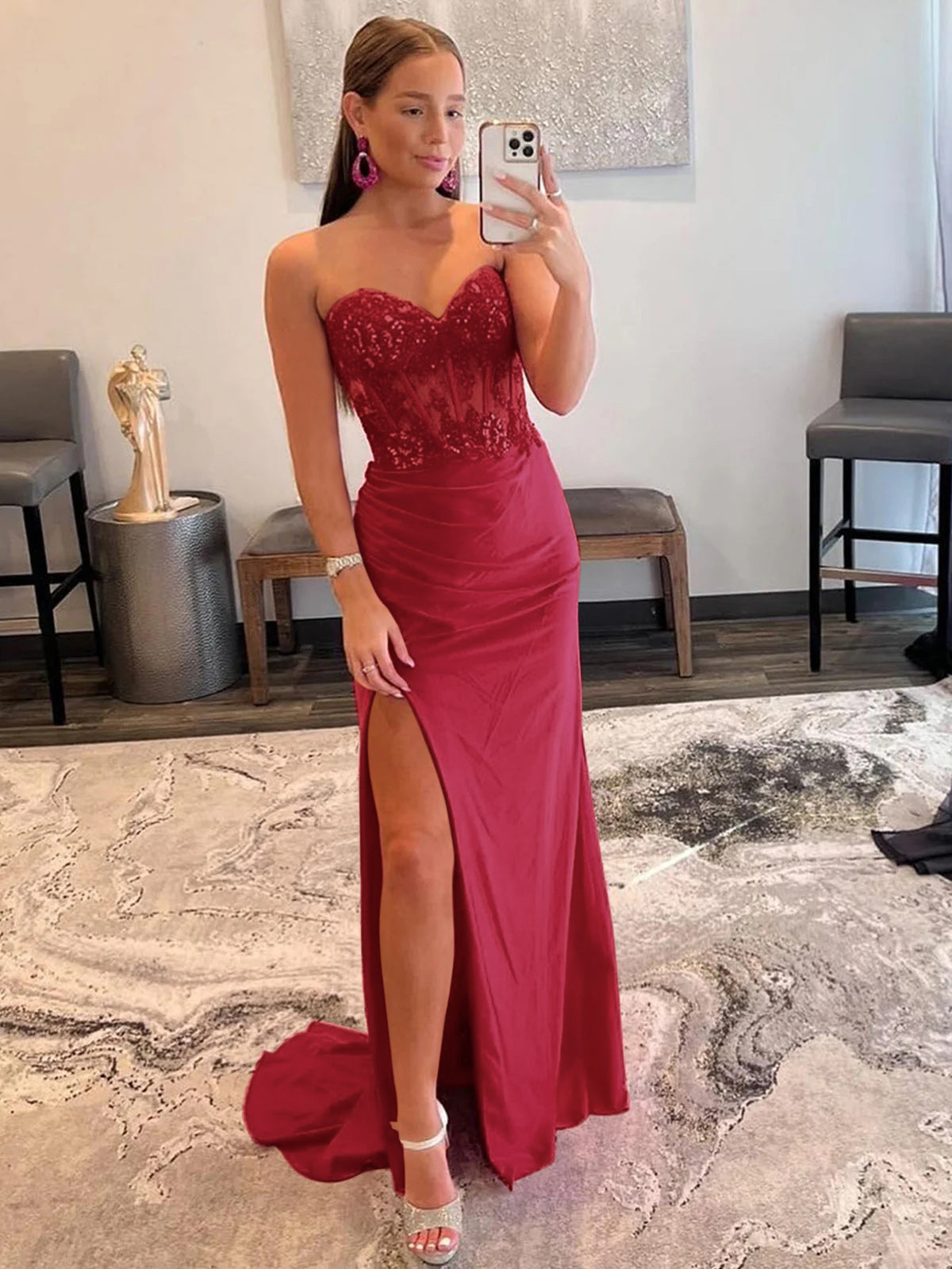 Vestido largo de fiesta sin tirantes, corte sirena, escote corazón y abertura