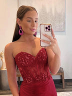 Vestido largo de fiesta sin tirantes, corte sirena, escote corazón y abertura