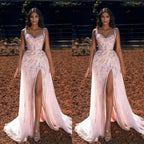Robe de bal longue rose à bretelles, coupe sirène, volants, fente et décolleté cœur