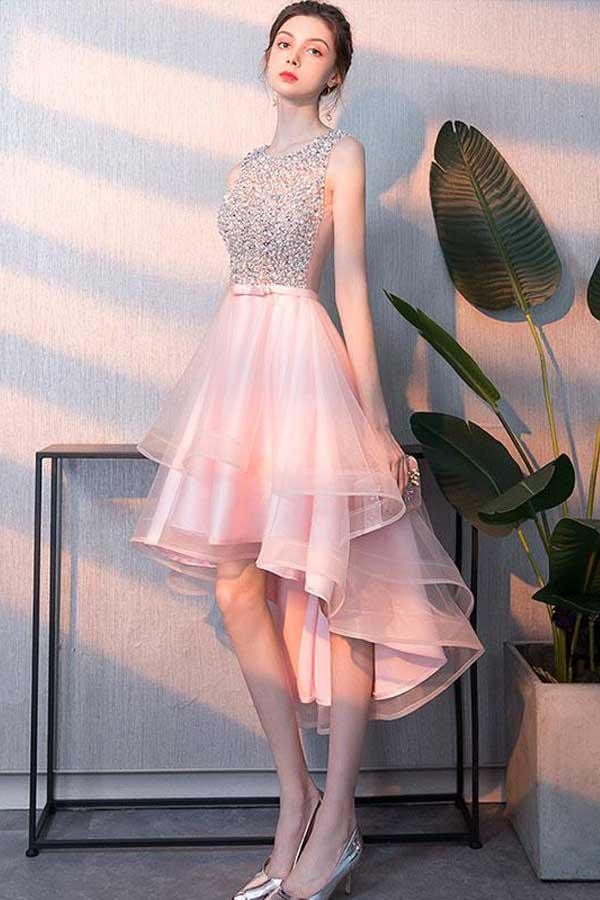 Robe de bal courte en tulle rose à sequins, robe de soirée rose PD238