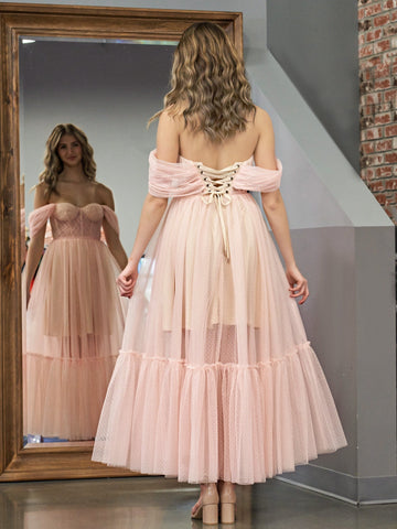 Vestido de graduación de corte A, rosa palo, tul, escote corazón, largo hasta la rodilla
