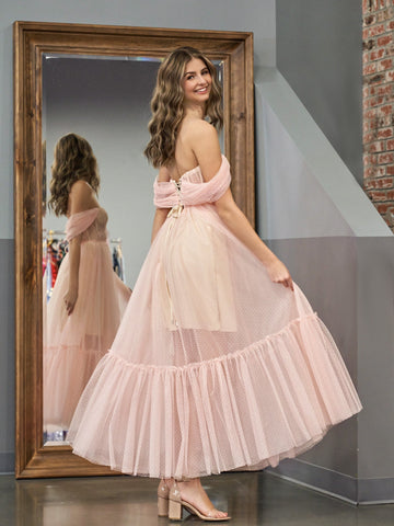 Vestido de graduación de corte A, rosa palo, tul, escote corazón, largo hasta la rodilla