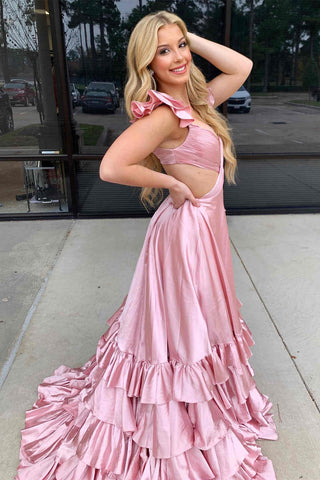 Vestido largo de fiesta corte A con volantes y abertura