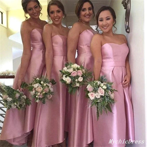 Vestidos cortos de dama de honor de satén rosa intenso, vestidos sencillos de novia con escote corazón para invitadas de boda