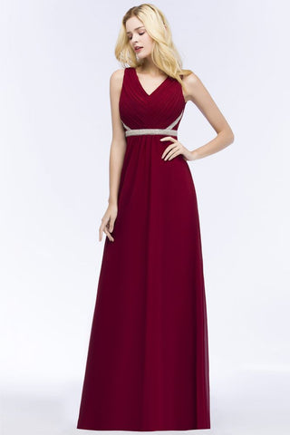 Plus Size A-line V-neck Long Sleeveless Ruffled Chiffon Bridesmaid Dresses with Beading Sash