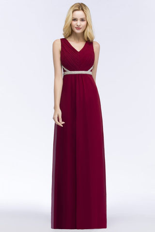 Plus Size A-line V-neck Long Sleeveless Ruffled Chiffon Bridesmaid Dresses with Beading Sash