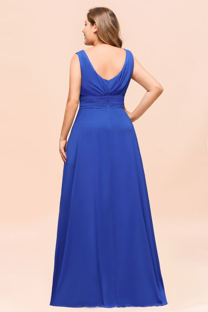 Robe de demoiselle d'honneur bleu roi sans manches en mousseline grande taille, col en V, robe de mariée simple
