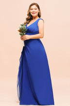 Robe de demoiselle d'honneur bleu roi sans manches en mousseline grande taille, col en V, robe de mariée simple