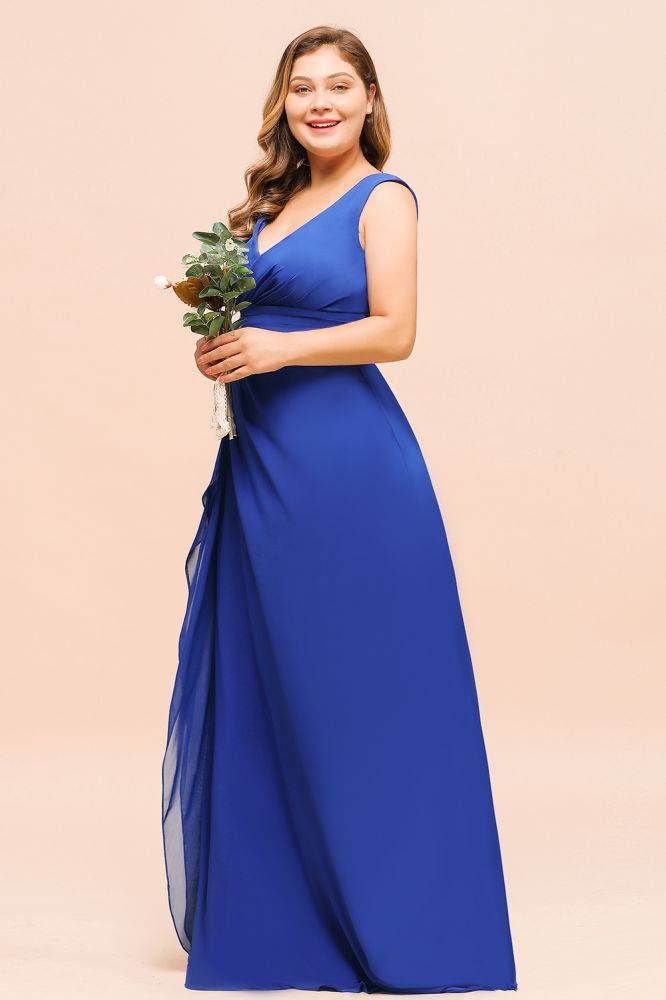 Vestido de dama de honor azul real sin mangas de gasa de talla grande, escote en V, sencillo vestido de novia