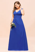 Robe de demoiselle d'honneur bleu roi sans manches en mousseline grande taille, col en V, robe de mariée simple