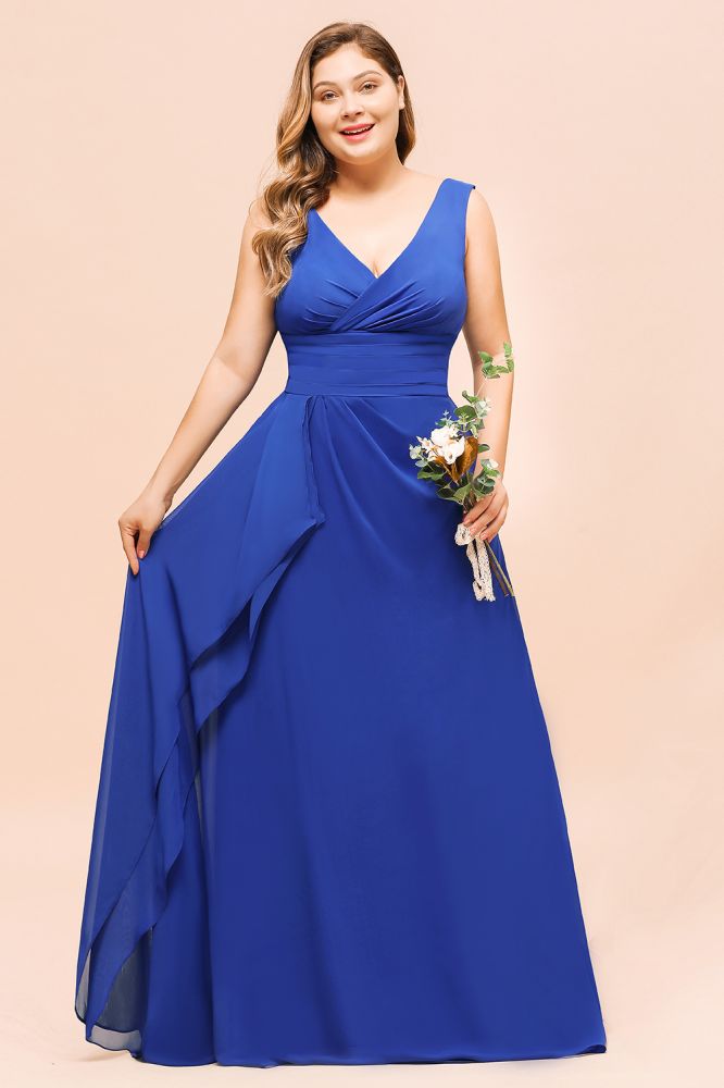 Robe de demoiselle d'honneur bleu roi sans manches en mousseline grande taille, col en V, robe de mariée simple