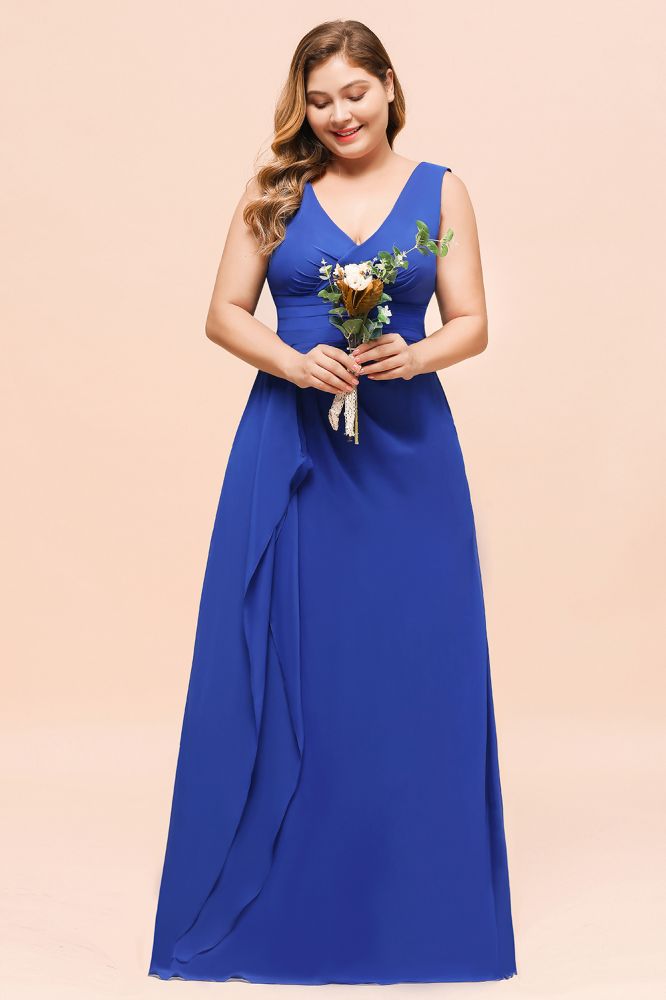 Robe de demoiselle d'honneur bleu roi sans manches en mousseline grande taille, col en V, robe de mariée simple