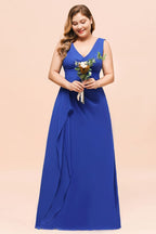 Robe de demoiselle d'honneur bleu roi sans manches en mousseline grande taille, col en V, robe de mariée simple