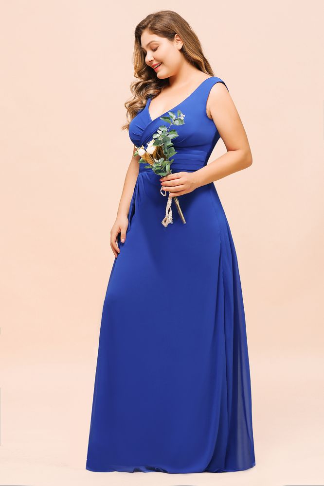 Robe de demoiselle d'honneur bleu roi sans manches en mousseline grande taille, col en V, robe de mariée simple