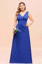 Robe de demoiselle d'honneur bleu roi sans manches en mousseline grande taille, col en V, robe de mariée simple