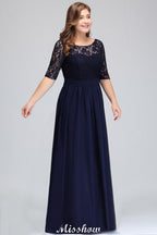Plus Size Floral Lace A-line Evening Maxi Dress Half Sleeves Party Dress