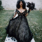 Baoleely Plus size Gothic Black A Line Wedding Dress 2025 Sexy V Neck Long Sleeves Lace Bridal Gowns