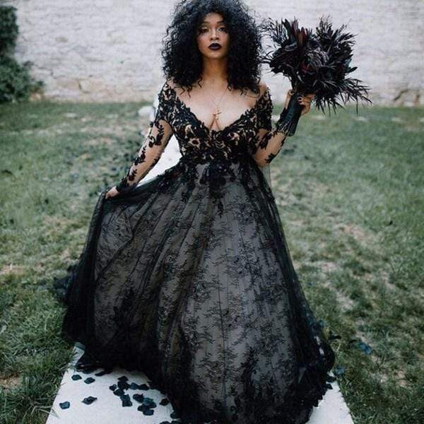 Baoleely Plus size Gothic Black A Line Wedding Dress 2025 Sexy V Neck Long Sleeves Lace Bridal Gowns