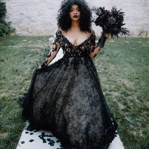 Robe de mariée gothique noire grande taille Baoleely, coupe trapèze, col en V, manches longues, dentelle, sexy, 2025