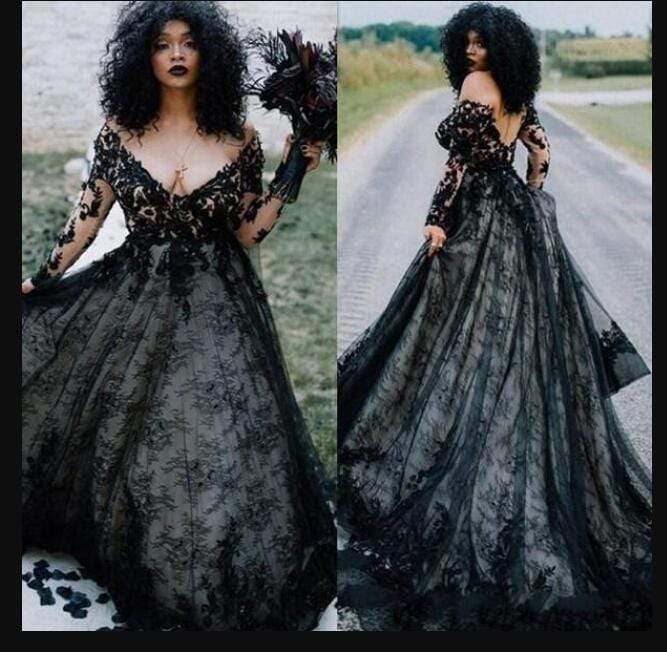 Baoleely Plus size Gothic Black A Line Wedding Dress 2025 Sexy V Neck Long Sleeves Lace Bridal Gowns