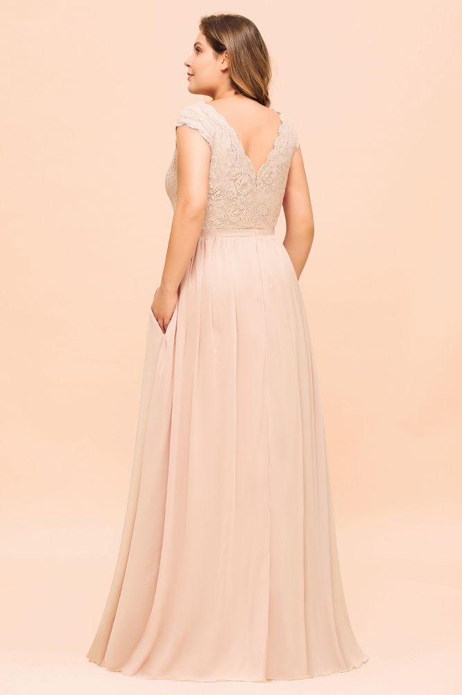 Vestido de dama de honor de talla grande, encaje rosa perla, manga corta, abertura lateral, para boda o fiesta.
