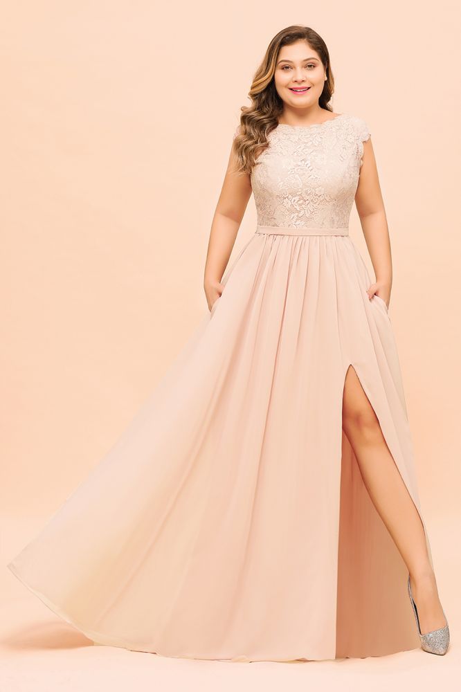 Vestido de dama de honor de talla grande, encaje rosa perla, manga corta, abertura lateral, para boda o fiesta.