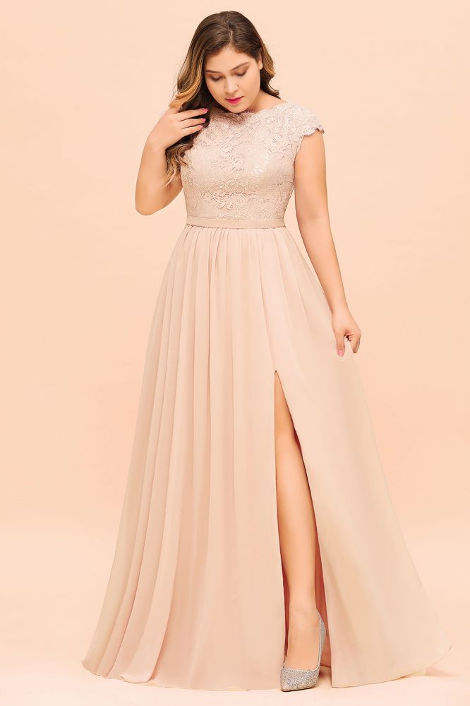 Vestido de dama de honor de talla grande, encaje rosa perla, manga corta, abertura lateral, para boda o fiesta.