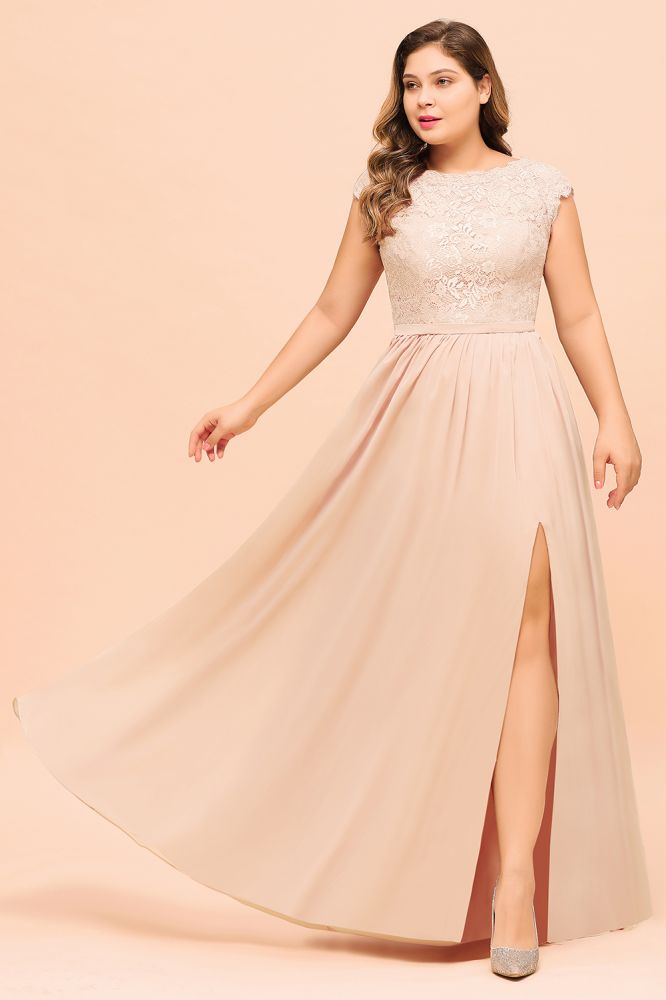 Vestido de dama de honor de talla grande, encaje rosa perla, manga corta, abertura lateral, para boda o fiesta.