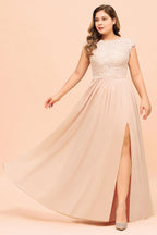 Vestido de dama de honor de talla grande, encaje rosa perla, manga corta, abertura lateral, para boda o fiesta.