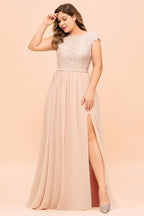 Vestido de dama de honor de talla grande, encaje rosa perla, manga corta, abertura lateral, para boda o fiesta.