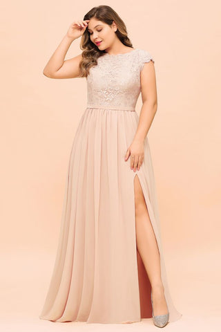 Plus Size Lace Pearl Pink Bridesmaid Dress Short Sleeves Side Split Wedding Party Dress