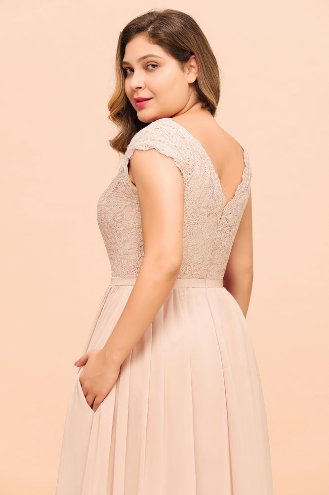 Vestido de dama de honor de talla grande, encaje rosa perla, manga corta, abertura lateral, para boda o fiesta.