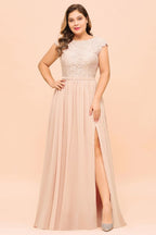 Vestido de dama de honor de talla grande, encaje rosa perla, manga corta, abertura lateral, para boda o fiesta.