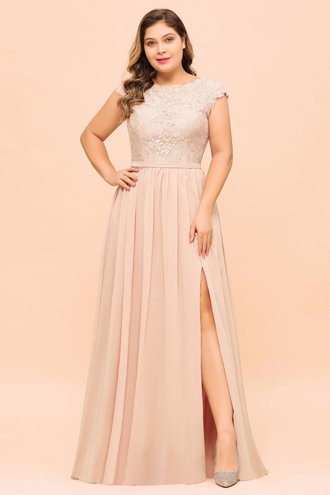 Vestido de dama de honor de talla grande, encaje rosa perla, manga corta, abertura lateral, para boda o fiesta.