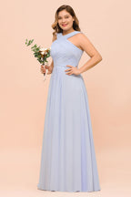 Vestido de dama de honor lavanda de talla grande, estilo halter, largo hasta el suelo, ideal para invitadas de boda.