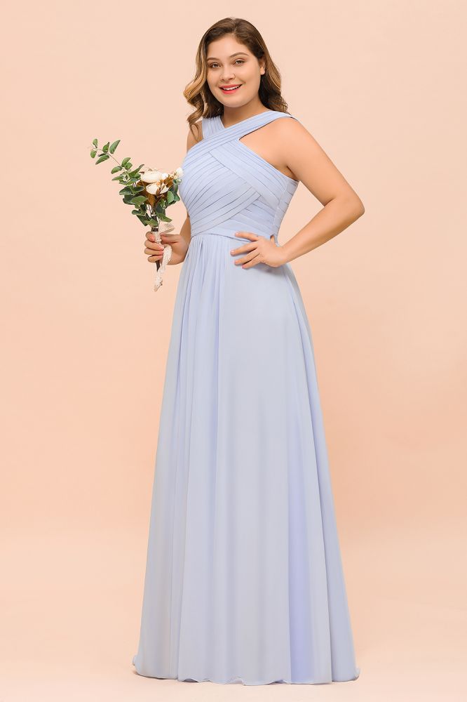 Vestido de dama de honor lavanda de talla grande, estilo halter, largo hasta el suelo, ideal para invitadas de boda.