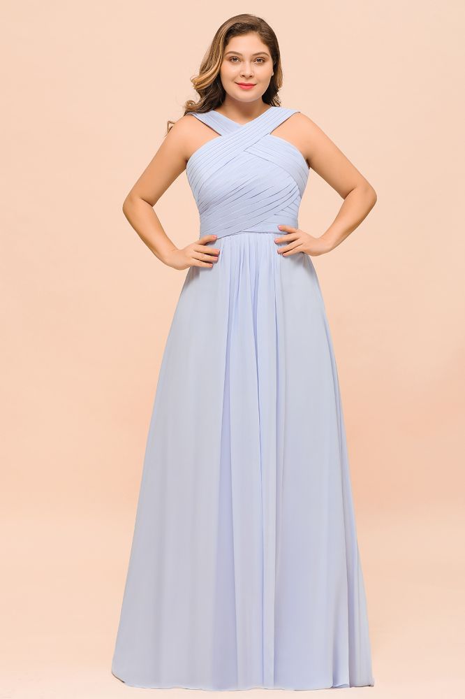 Vestido de dama de honor lavanda de talla grande, estilo halter, largo hasta el suelo, ideal para invitadas de boda.