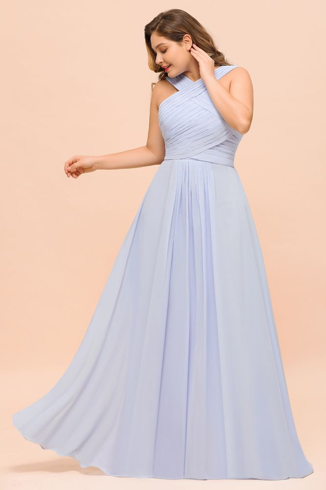 Vestido de dama de honor lavanda de talla grande, estilo halter, largo hasta el suelo, ideal para invitadas de boda.