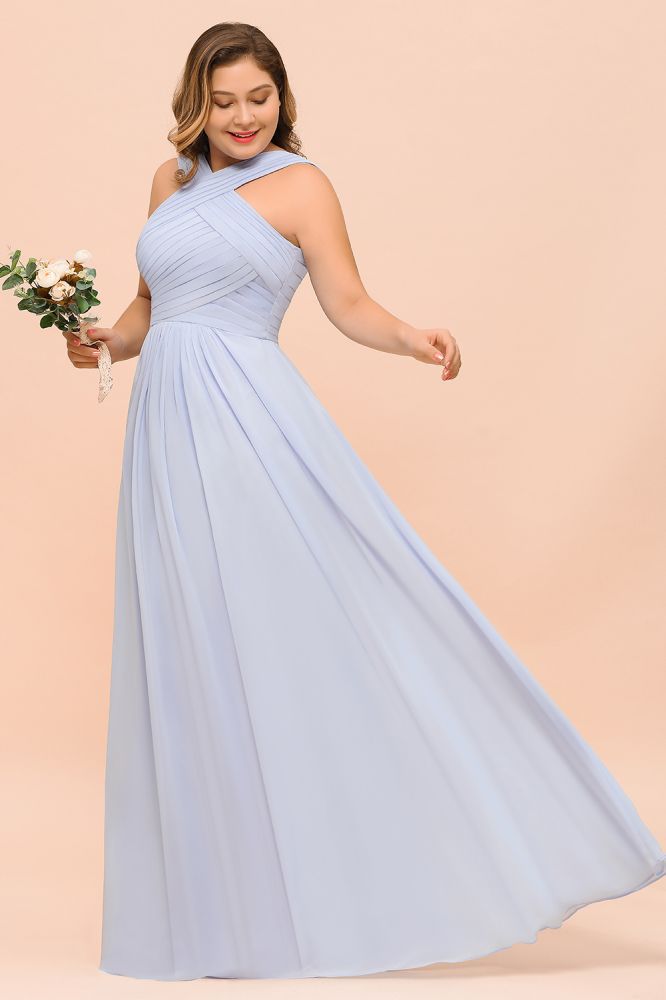 Vestido de dama de honor lavanda de talla grande, estilo halter, largo hasta el suelo, ideal para invitadas de boda.