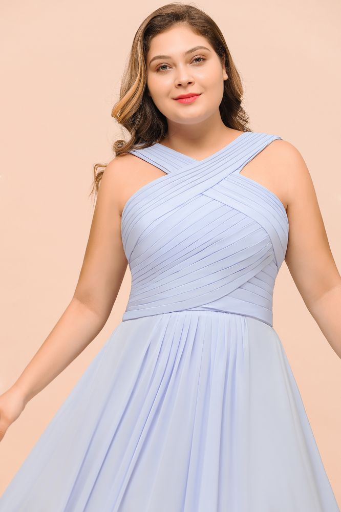 Vestido de dama de honor lavanda de talla grande, estilo halter, largo hasta el suelo, ideal para invitadas de boda.