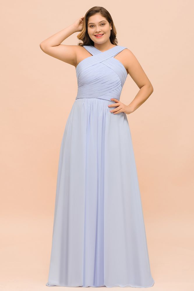 Vestido de dama de honor lavanda de talla grande, estilo halter, largo hasta el suelo, ideal para invitadas de boda.